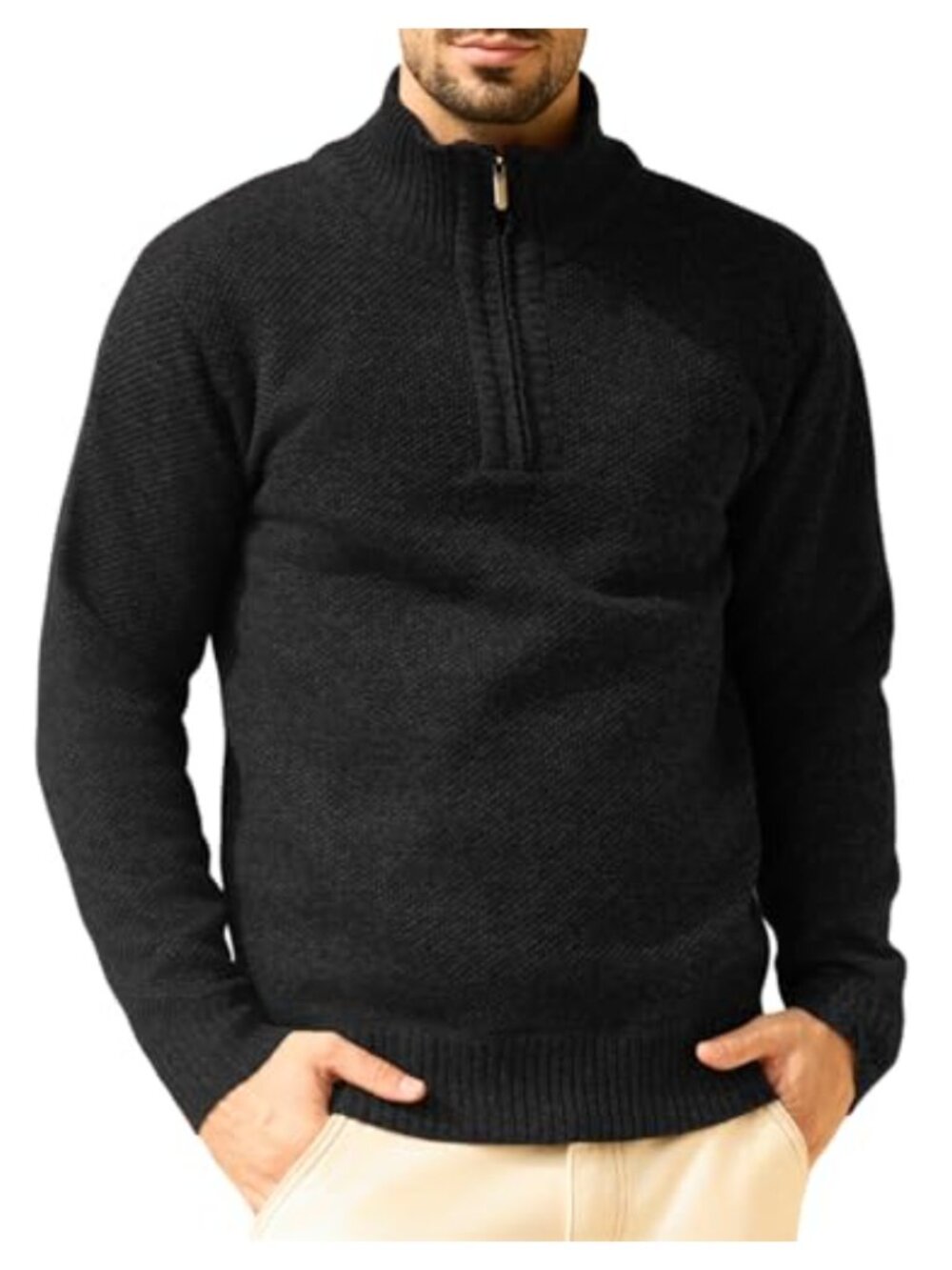 Mens Half Zip Knit Sweater Plaid Fleece Lined Turtleneck Pullover